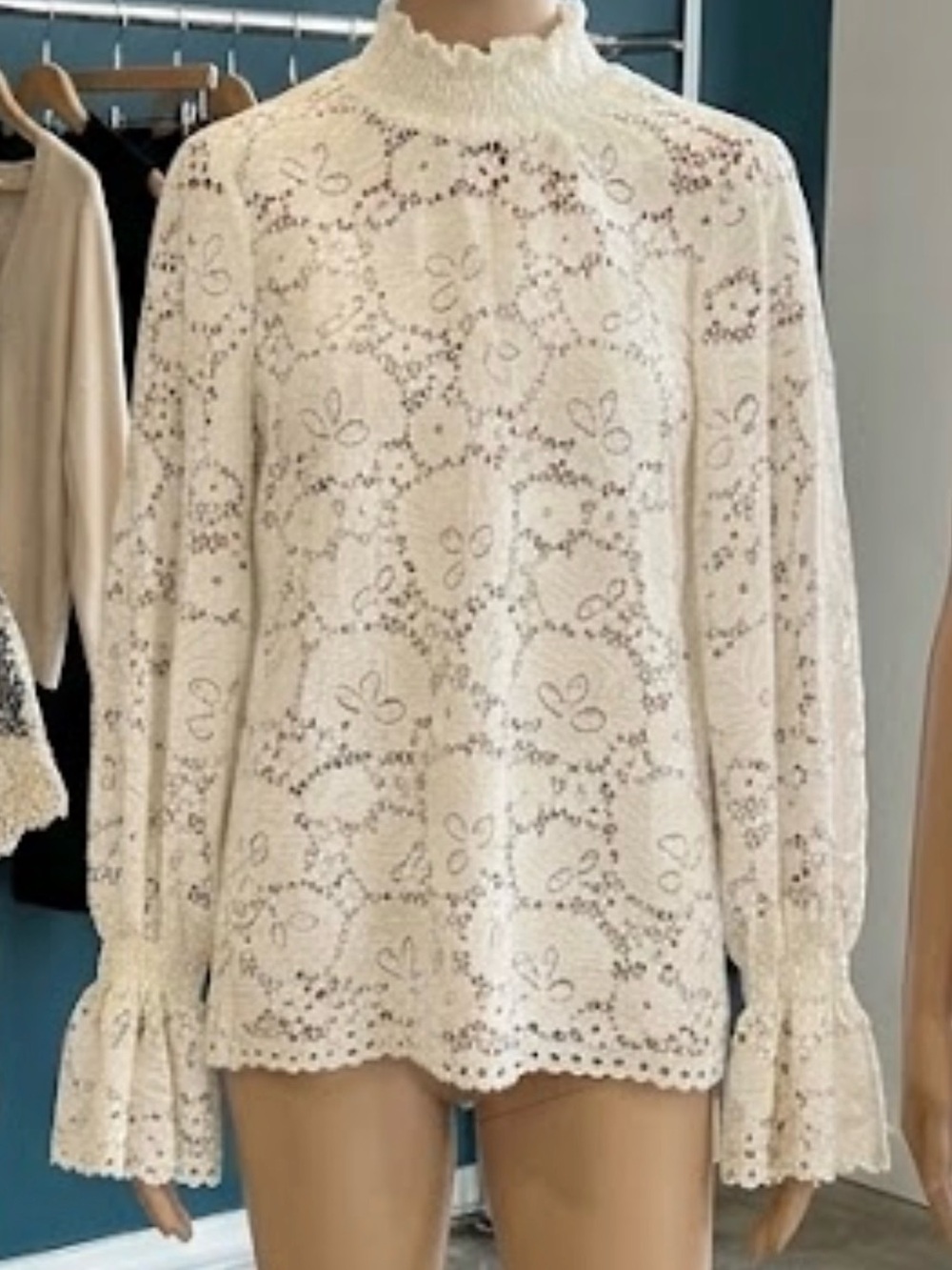 Delicate Lace High-Neck Long-Sleeve Top - Cream